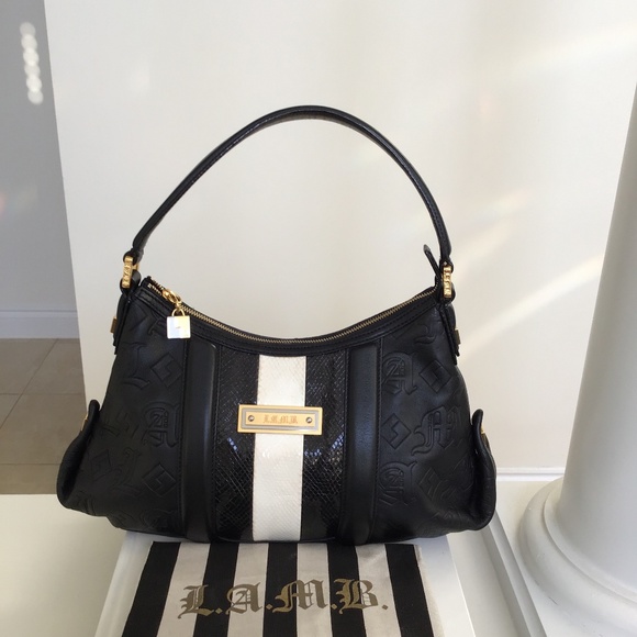 L.A.M.B. by Gwen Stefani black leather handbag with black/white snake skin strip - Picture 9 of 9